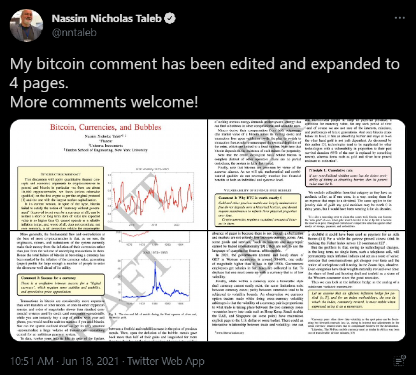 Nassim Taleb paper: Bitcoin, Currencies, and Bubbles – commented by Stephane Abichaker
